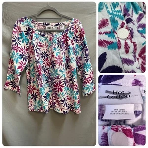 Hot Cotton Linen White Multi-Colored Button up Blouse Size Medium 100% Linen - Foto 1 di 15