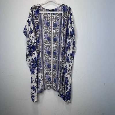 Angie Kimono Cardigan Womens L Blue Floral Midi Boho Festival Open Front Duster - Image 1 of 4