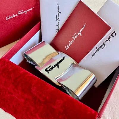 RARE Salvatore Ferragamo Vara Ribbon Barrettes Black Silver Hair Clip Italy Auth - Image 1 of 4