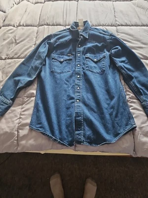 Camisa Western De Colección Carhartt Para Hombres Denim Perla A Presión Talla 15.5 X 33 Azul Desgaste Resistente Foto 1 de 4