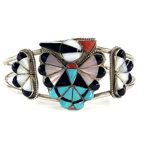 ZUNI 900 COIN SILVER Bird Stone Inlay Cuff Bracelet 6" Vintage Native Sterling - Picture 1 of 11