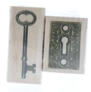 Juego de estampillas de goma de madera con llave y cerradura esqueleto victoriano Inkadinkado - Imagen 1 de 2