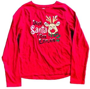 Girls Red Deer Santa Reindeer Holiday Christmas Glitter Top T-Shirt XXL - Picture 1 of 7