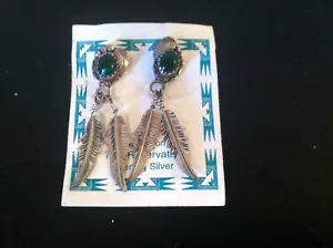 New American Indian Sterling Silver w/Green Turqouise Feather Earrings - Picture 1 of 3