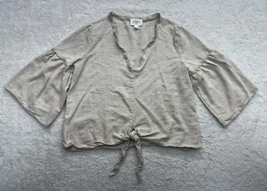 Everly Leinenmischung Crop Tie Top Neutral Beige Glockenärmel Modern Boho Chic Smal - Bild 1 von 12