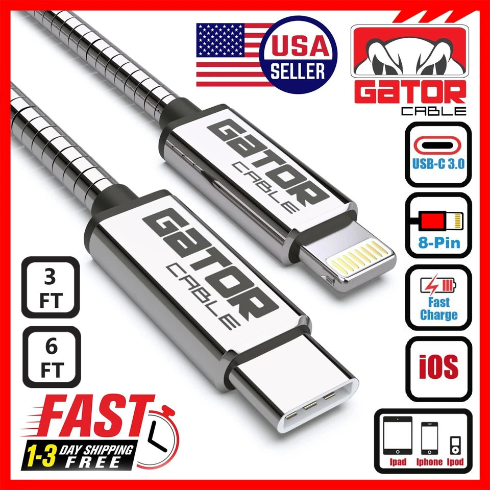 USB-C Fast Charger Cable PD 20W For iPhone 7 8 X 11 12 13 14 Pro Max Plus Metal - Image 1 of 4