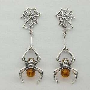 Sterling Silver Amber Spider Earrings 