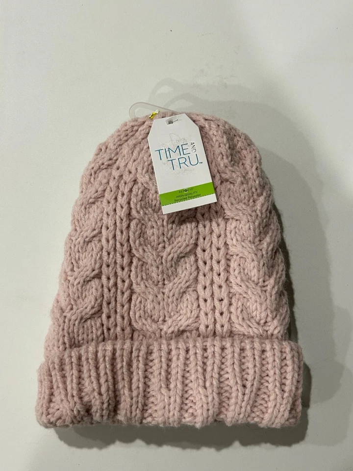 Time And Tru Women's One Size Solid Cable Knit Beanie Hat Pink Heather New - Image 1 of 1