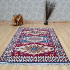 The Rug Seller Red Blue Kazak Timeless Tasseled Deep Pile Traditional Wool Rug