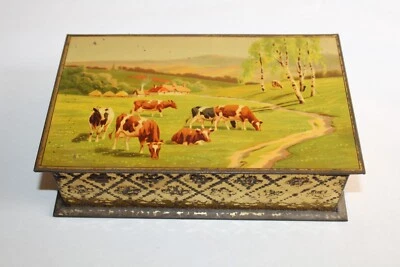 Boite publicitaire biscuits Olibet Paris, tôle lithographiée, vaches paysage - Photo 1/4