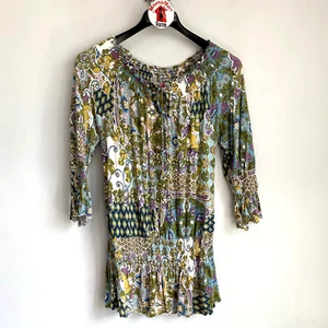 Joyous & Free Smocked Waist Tunic Top 3/4 Sleeve Size M Floral Stretch Knit Boho - Picture 1 of 12