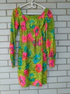 Vintage Mod Mini Dress Handmade Hawaiian Psychedelic Floral Handmade 32"B Small - Picture 1 of 12