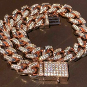 Mens Miami Cuban Link Bracelet 14k Rose Gold Plated Solid 925 Silver CZ - Picture 1 of 14