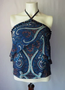 Intermix 100% Silk Penelope Halter Top Paisley Layered Pom Pom Blue S $245 - Picture 1 of 5