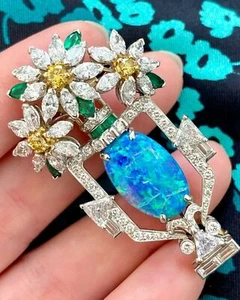 Blue Opal Brooch Pin 925 Sterling Silver Flower Shape Fine Jewelry for Womens - Picture 1 of 5