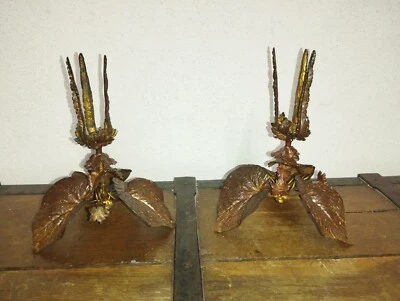 Paire de bougeoir tripode feuillage en bronze Art Nouveau C.1900 eglise - Photo 1/4