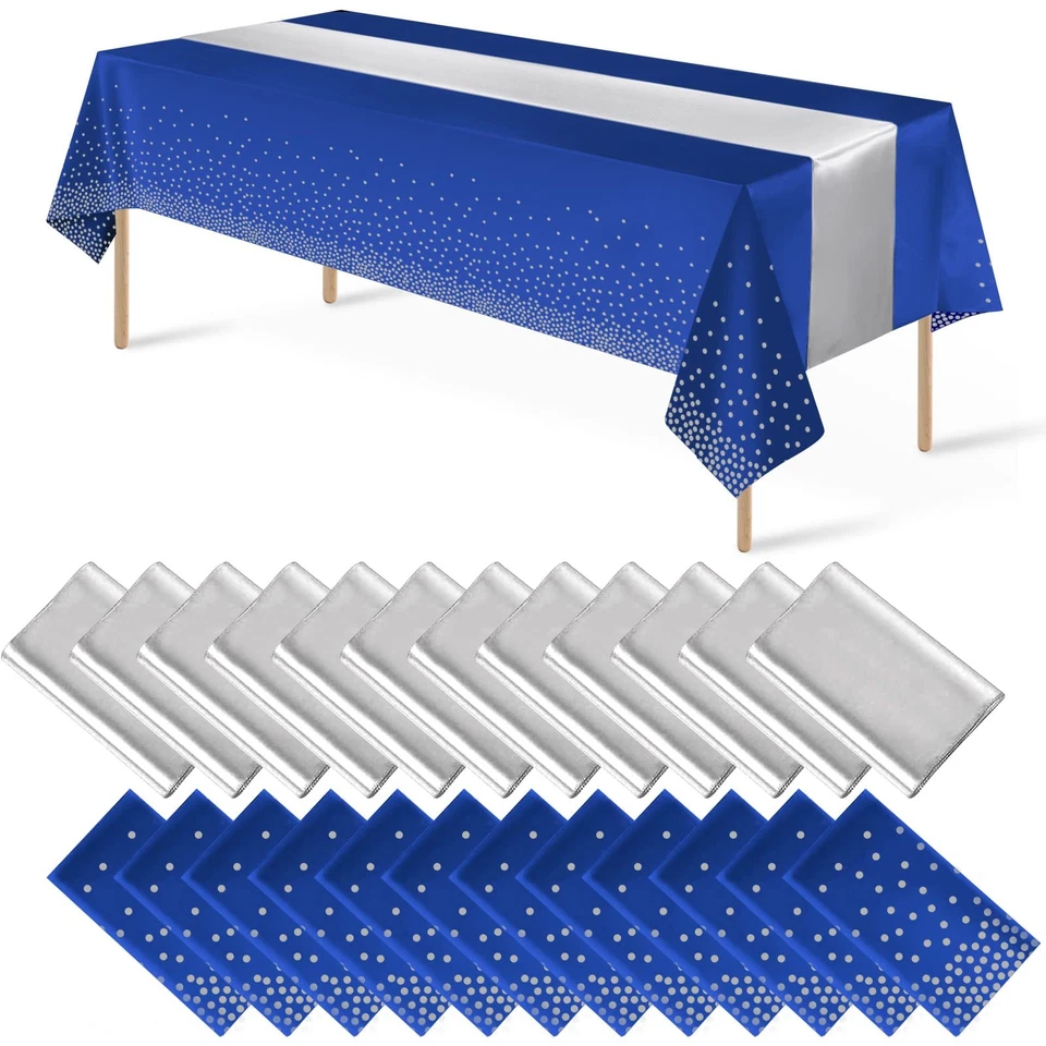 24Pack Disposable Plastic Tablecloths and Satin Table Runner Set Blue and Sil... - Image 1 of 4