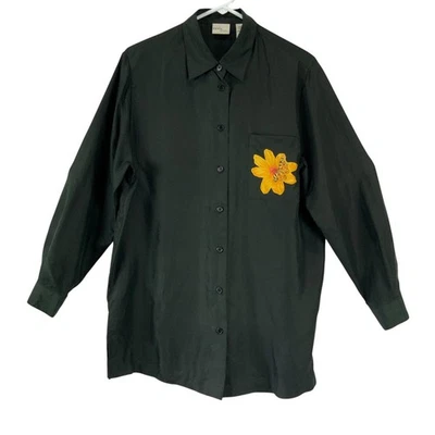 Moda Spiegel 女式黑色丝绸蝴蝶花朵长袖纽扣衬衫 M 码 — 第 1/4 张图片