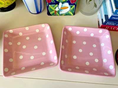 Set Of 2 Pampered Chef 7.25 Square Plates Pink with White Polka Dots , Serving - Image 1 of 4