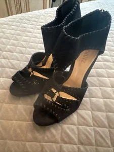 NEW Schutz Tory Black Suede 4" Zip Back Brown Whipstitch Heels SRP $229 SZ 8 NIB - Picture 1 of 5