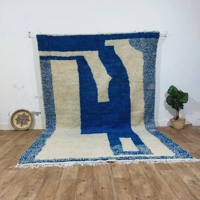 Alfombra bereber marroquí Azilal hecha a mano 7x10 pies tribal abstracta azul blanco alfombra de lana Foto 1 de 4