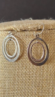 Sterling Silver Dangle Double Circle Earrings Thry Measure 1.36" Good Condition  - Image 1 of 4