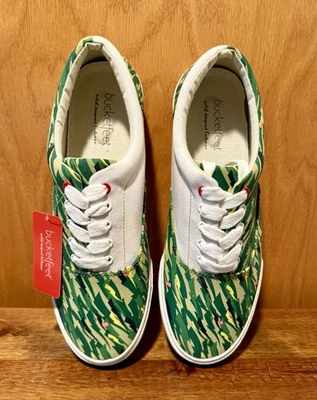 NWT Bucketfeet Art Sneakers Sz 10 Miguel Ayako Stylized Camo Canvas Shoes Green - Image 1 of 4