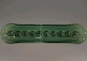 Hand Blown Art Glass Serving Tray Olive Relish Green Oval Flowers White Swirls - Picture 1 of 19