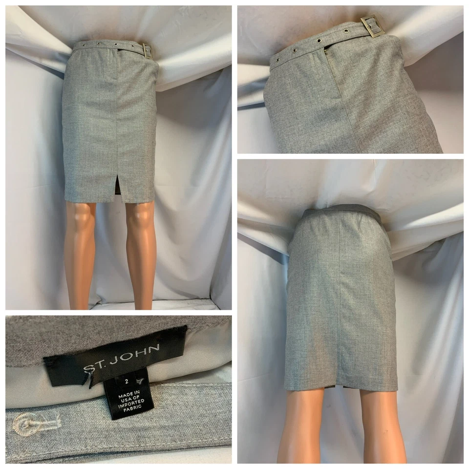 Falda St. John Talla 2 Gris Forrada de Lana Hecha en EE. UU. Cinturón Incorporado 23” Largo YGI K1-207 Foto 1 de 4