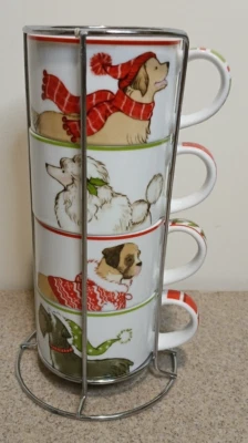 Pier 1 Imports PARK AVENUE CACHORROS - NAVIDAD 8oz Juego de tazas apilables y estante perros Foto 1 de 4
