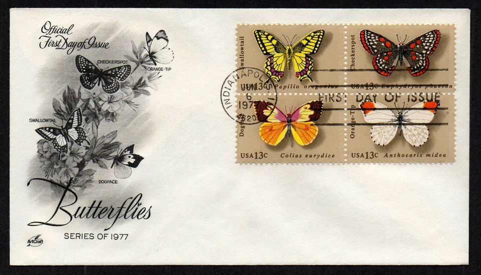 USA, SCOTT # 1712-1715, ARTCRAFT FDC COVER YEAR 1977 VARIOUS BUTTERFLIES, BLOCK - Image 1 of 1