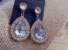 Pierced Earrings 2" Gold Tone Large Clear Oval Crystal Dangle