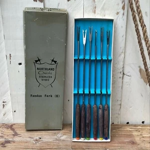 Vintage Oneida Fondue Fork X 6 Stainless Steel Wood Mid Century Harlequin Ends - Picture 1 of 10
