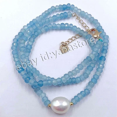 Facettierter 2x4mm Blau Aquamarin Rondelle Edelsteine 11–12mm Weiß Perlenketten - Bild 1 von 4