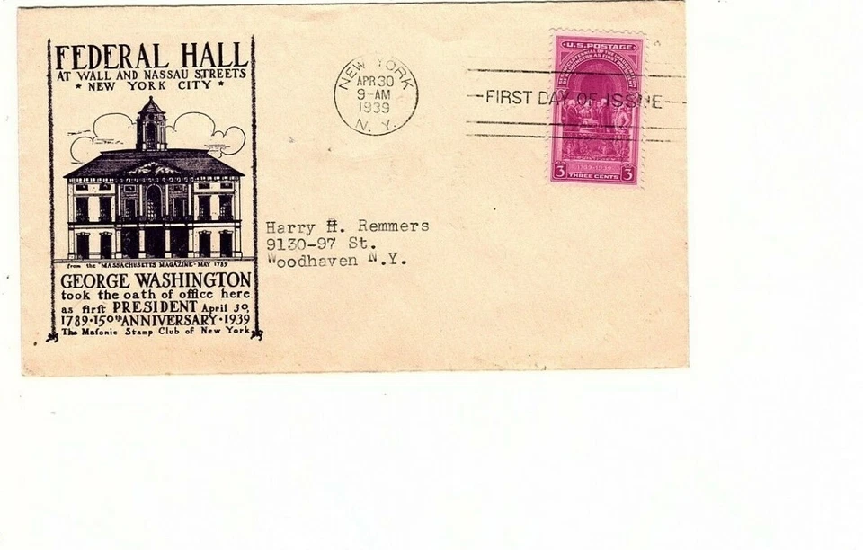 US FDC #854 Masonic Stamp Club M-43 1939 NY Washington Inauguration (mb14 - Image 1 of 1