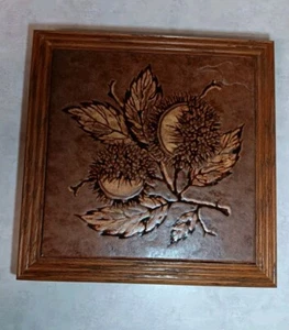 Chestnut Seed Pod Design Italian 8" x 8" Ceramic Tile Trivet Brown Glaze Framed - Picture 1 of 10