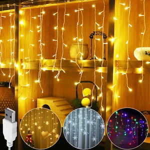 LED Icicle Snowflake Curtain Lights 3M 96LEDs USB Xams Wedding Waterfall Lights - Picture 1 of 22