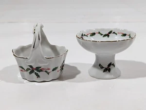 Lefton China Miniature Holiday Basket & Pedestal 03862 03059 Christmas Holly - Picture 1 of 16