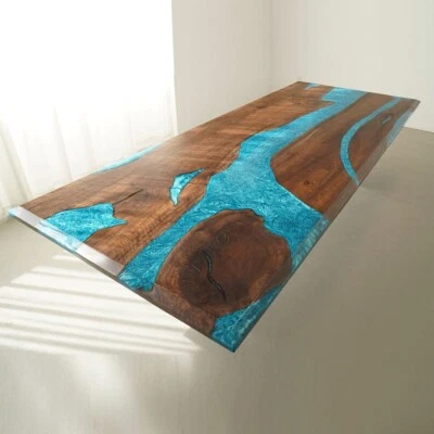 Walnut Wood & Blue Turquoise Blue Epoxy Dining Table – Handmade Resin Table - Image 1 of 4
