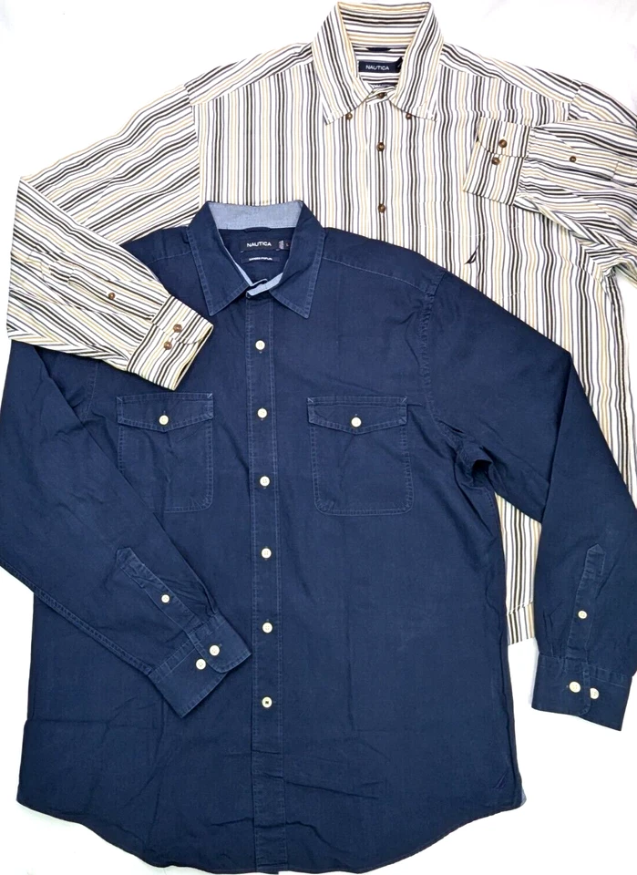 LOTE de camisas de 2 botones Nautica, hombre LRG, popelina lijada + vestido de algodón de 2 capas de los años 80 Foto 1 de 4