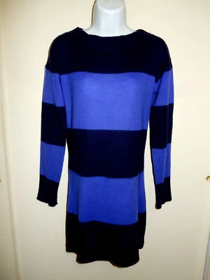 AQUA 100% CACHEMIR AZUL MARINO/PÚRPURA RAYAS CUELLO REDONDO TÚNICA VESTIDO SUÉTER S Foto 1 de 4