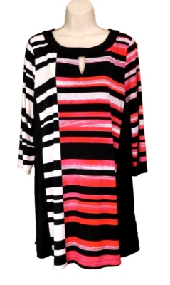 Alfani Shift 连衣裙锁眼领 3/4 袖黑色珊瑚色大号* — 第 1/4 张图片