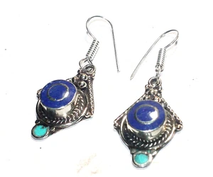 Tibetan Turquoise Lapis Gemstone Handmade Nepali Earring Jewelry Size 1.5 Inches - Picture 1 of 5