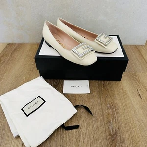Gucci Madelyn Cream Leather Crystal G Logo Ballet Flats 36.5, 6.5 New - Picture 1 of 7