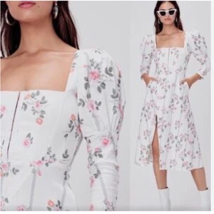 Vestido For Love & Lemons Mezcla de Lino Rosa Rayas Midi Blanco Talla XS - Imagen 1 de 8