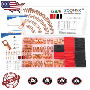 260pcs Copper Wire Lugs, AWG 2-12 Battery Cable Ends, Heat Shrink Set Included - Picture 1 of 9
