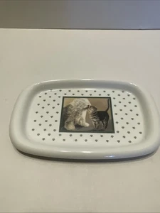 Bandeja de cerámica Lowell Herror 1986 vintage gato y oveja perro 9" X 5-1/2 "JAPÓN - Imagen 1 de 8