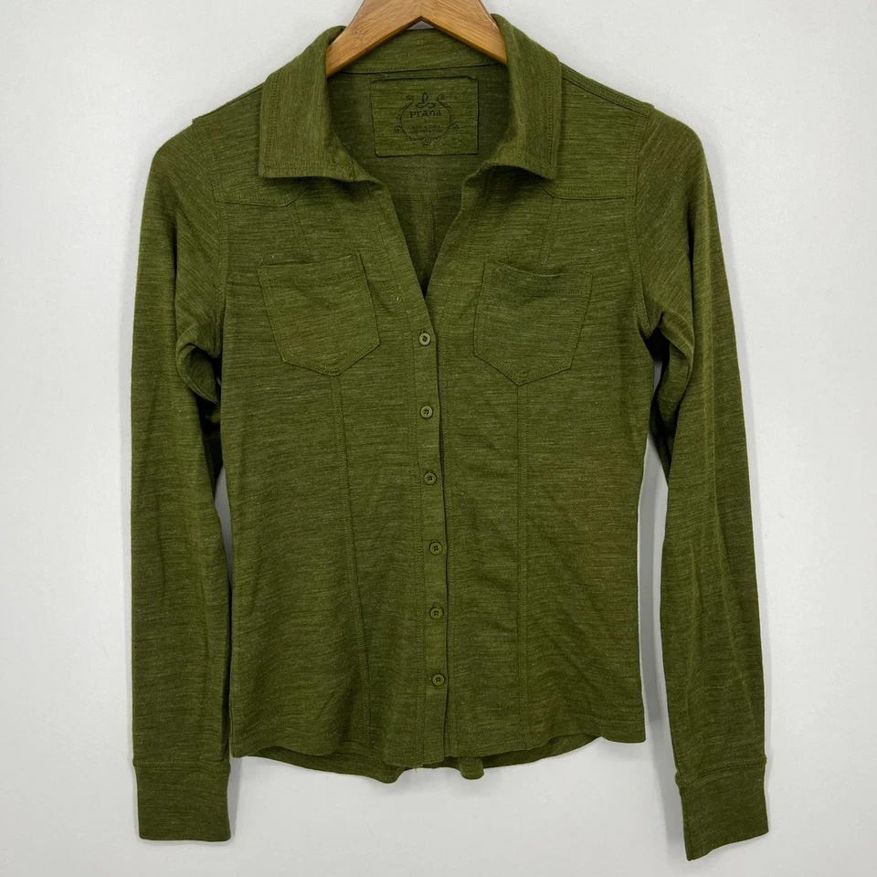 prAna Long Sleeve Button Shirt Women's Size S Green Pockets Logo Acrylic Wool - Image 1 of 4
