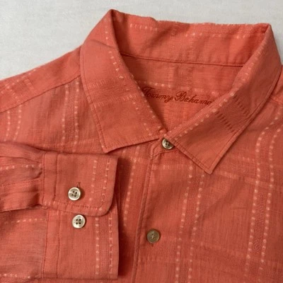 Tommy Bahama Men's Salmon Orange 100% Linen Check Long Sleeve Shirt Size XL - Image 1 of 4
