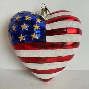 Christopher Radko Stars and Stripe 4" Heart Blown Glass Ornament American Flag - Picture 1 of 4